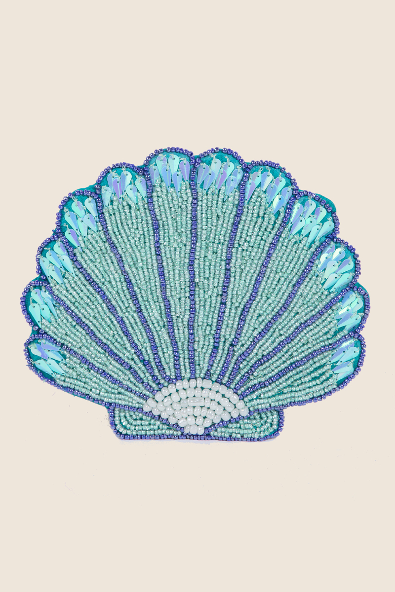BLUE Seed Beaded Clam Coin Purse - Accessories