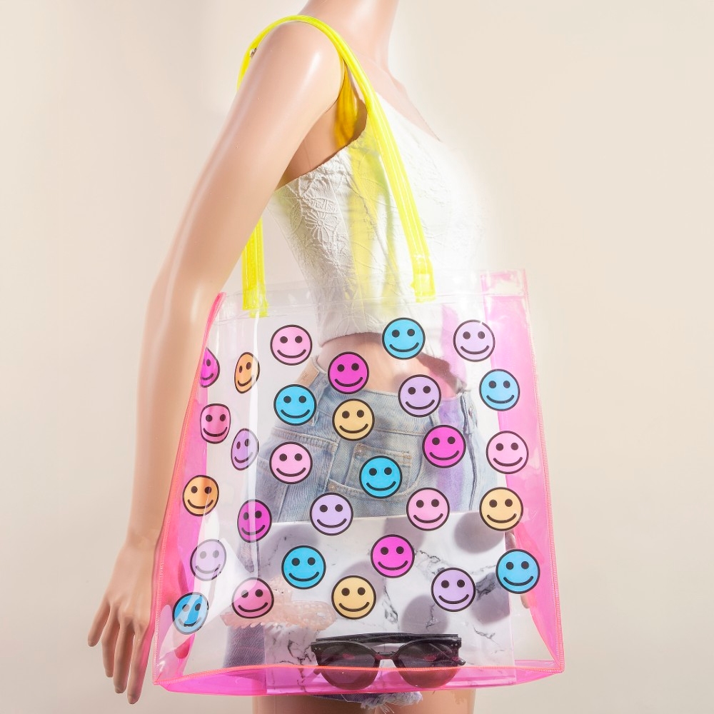 PINK Smiley Face Emoji Pattern Clear Neon Vinyl Tote Bag - Bags