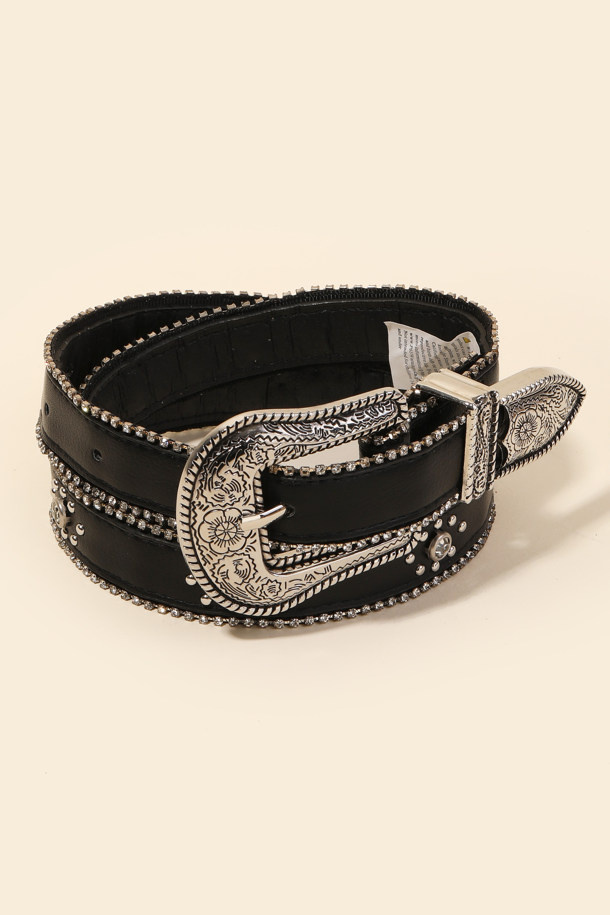 Women’s Faux Leather Black Thin Belt with Rhinestone Silver Tone Buckle Size M Buy Black Western Belt | Black Rhinestone Buckle  main image 3