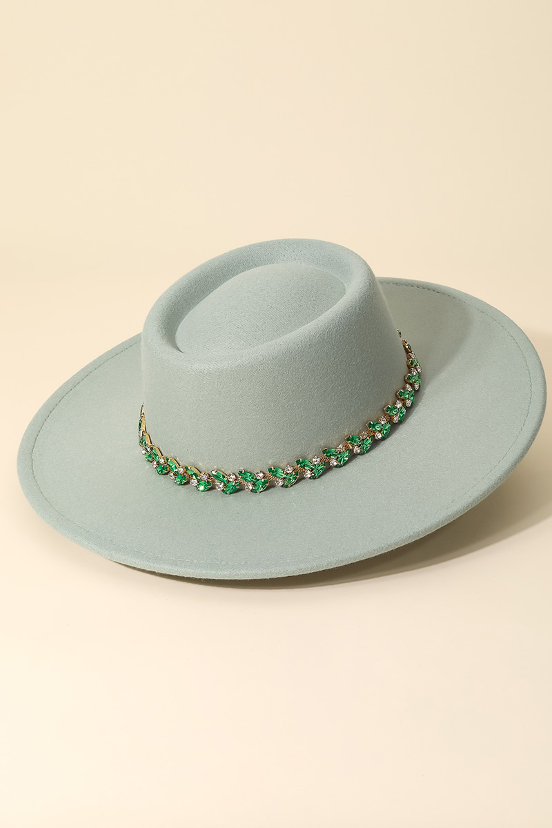 Rhinestone Mint Green Leaf Chain Wide Brim Hat M23155 ( Mint Green ) Wide Flat-brim Sinamay Fascinator Hat  main image 4