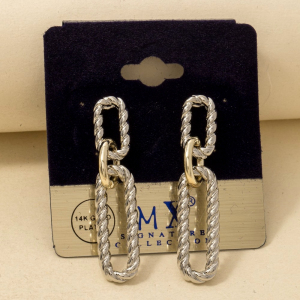 Gold Plated Two Tone Twisted Oval Chain Dangle Earrings