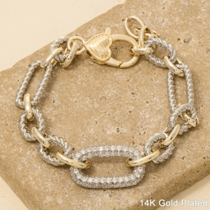 Gold Plated Two Tone Cz Pave Chain Link Bracelet
