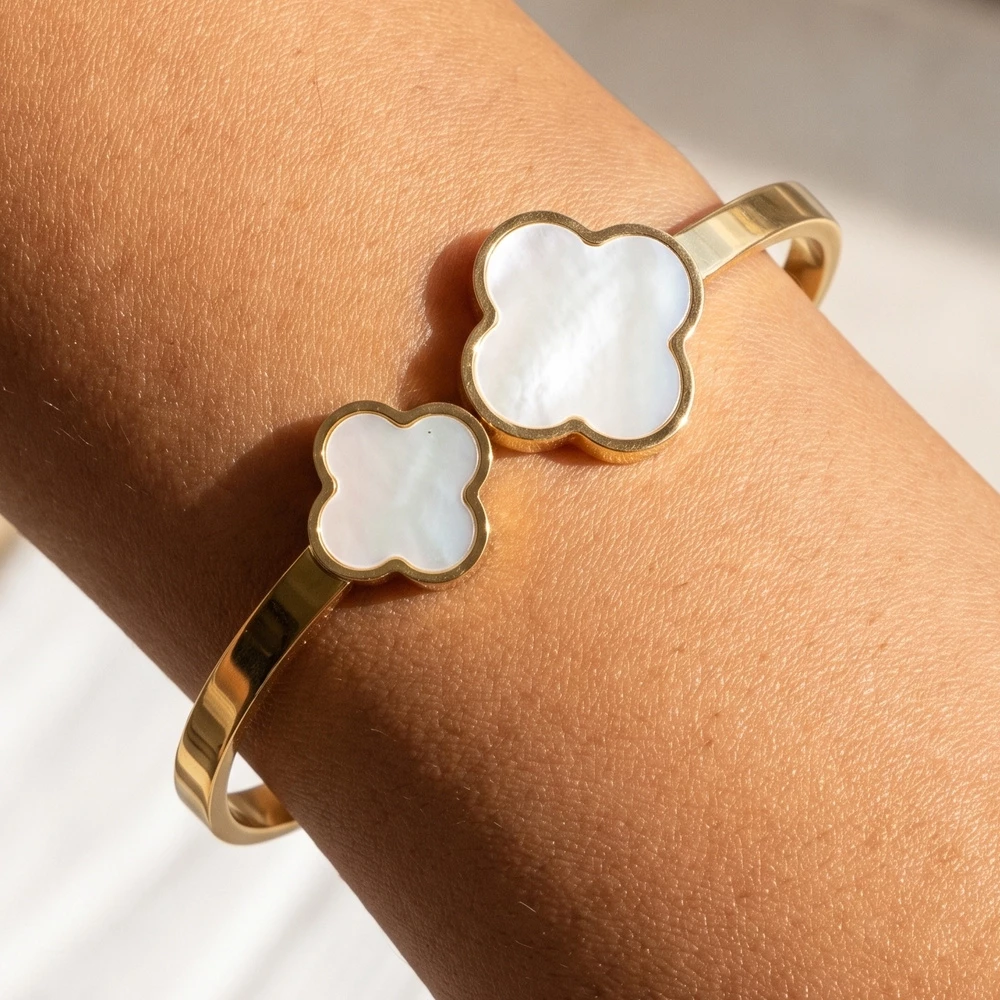 Mother Of Pearl Double Clover Hinged Bangle Bracelet