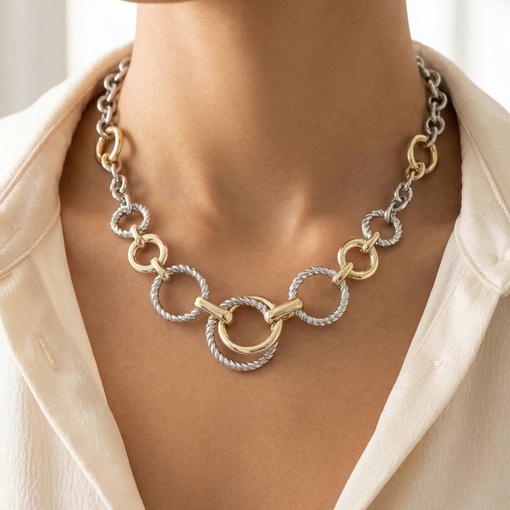 Gold Dipped Two-Tone Rope & Circle Link Chain Necklace