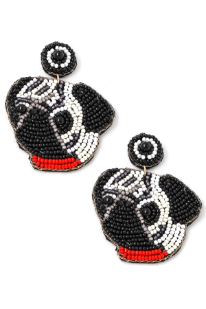Beaded Pug Face Drop Earrings