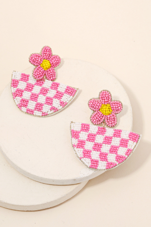 Seed Beaded Checkered Semicircle Drop Earrings