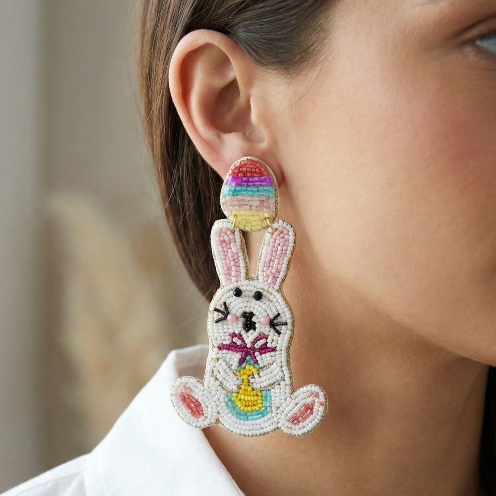 Seed Beaded Easter Bunner And Egg Stud Dangle Earrings