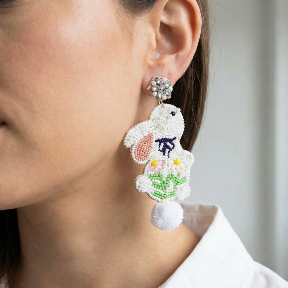 Seed Beaded Floral Easter Bunny Stud Dangle Earrings