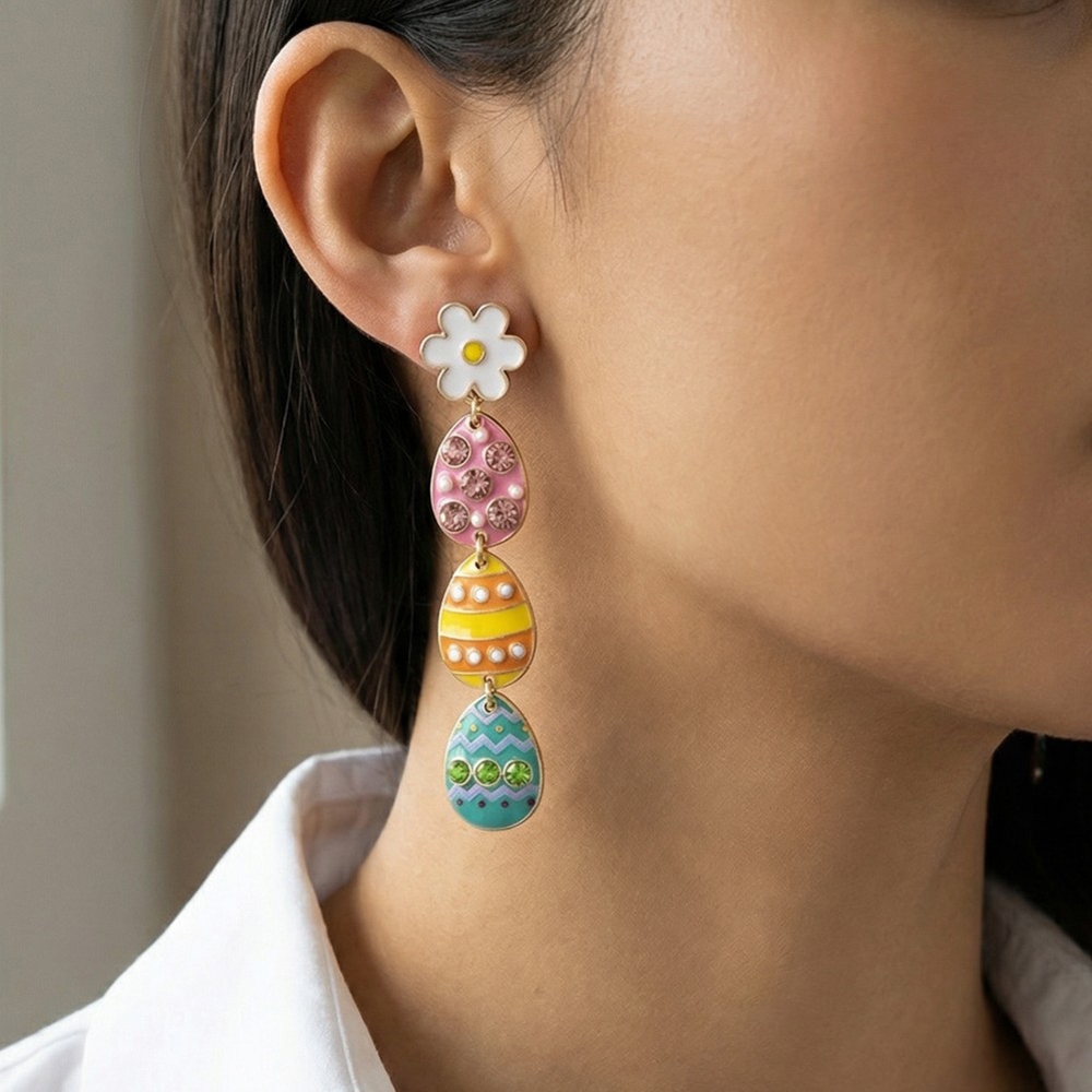 Enamel Easter Eggs And Flower Dangle Chain Earrings
