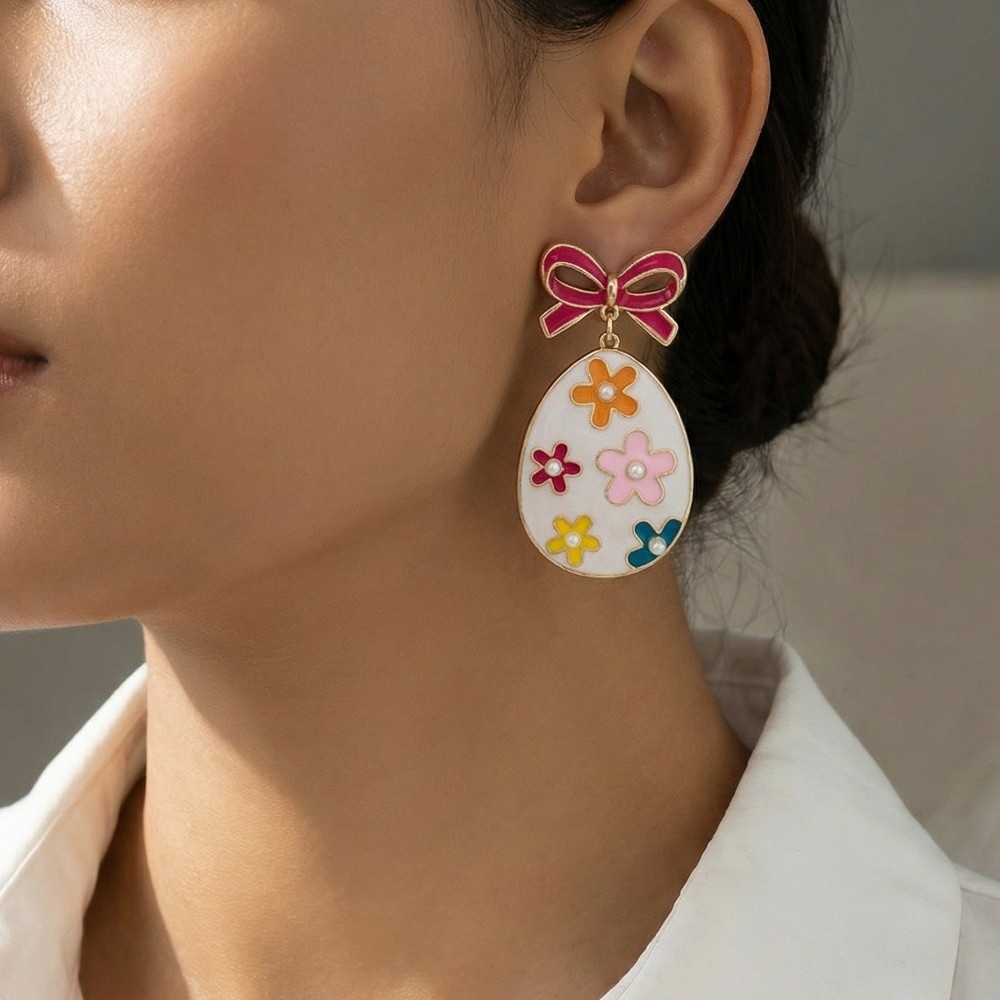 Bow And Floral Enamel Egg Easter Dangle Earrings