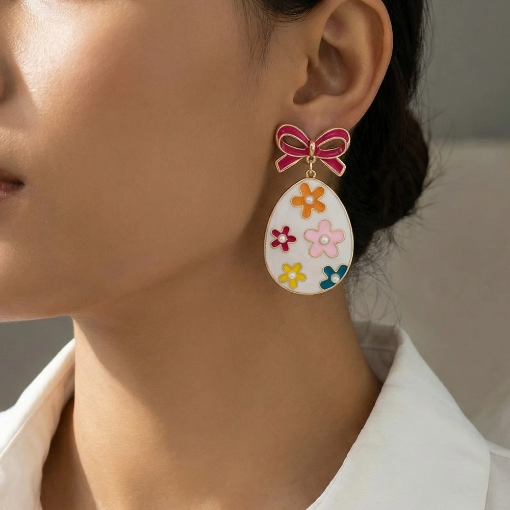 Bow And Floral Enamel Egg Easter Dangle Earrings