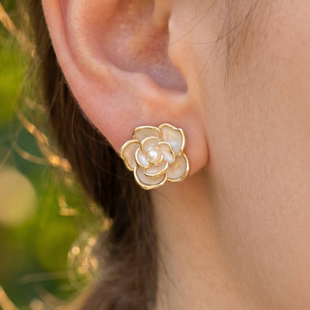 Gold Dipped Enamel Rose Pearl Stud Earrings