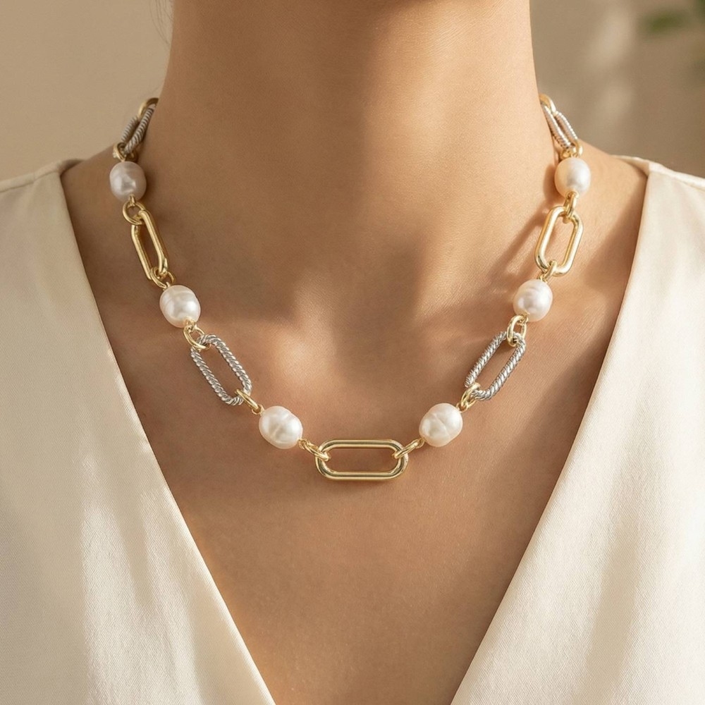 Two-Tone Pearl & Paperclip Chain Necklace