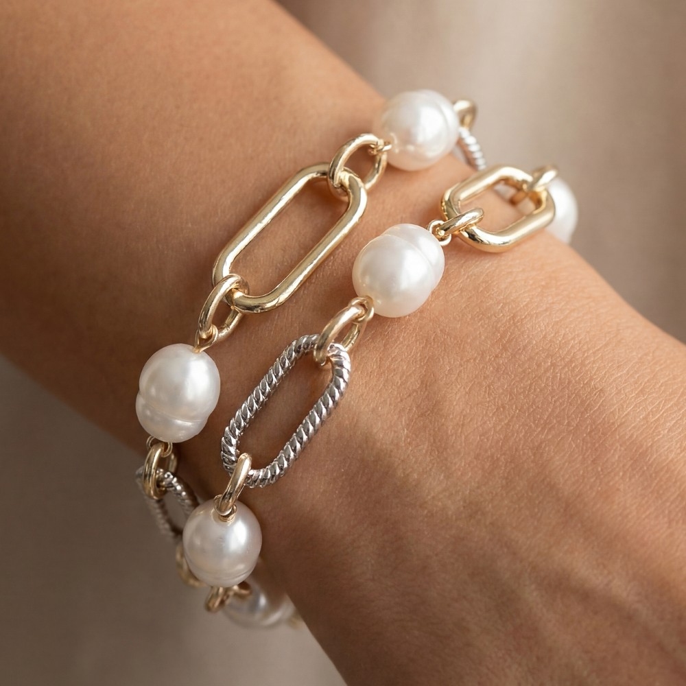 Two Tone Pearl And Oval Chain Bracelet