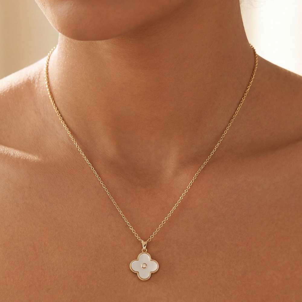 Gold Dipped Cubic Zirconia Stud Clover Pendant Necklace