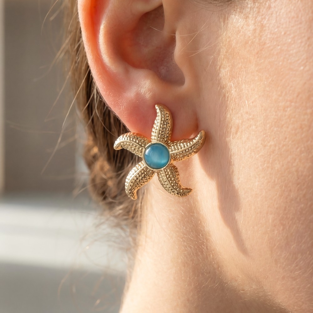 Sea Life Circle Stone Metallic Starfish Stud Earrings