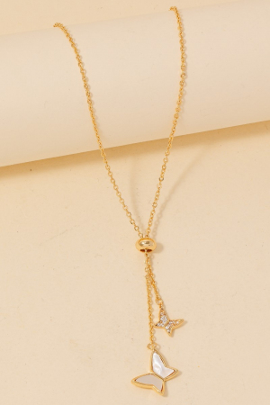 Gold Dipped Cz And Shell Butterfly Charms Chain Necklace