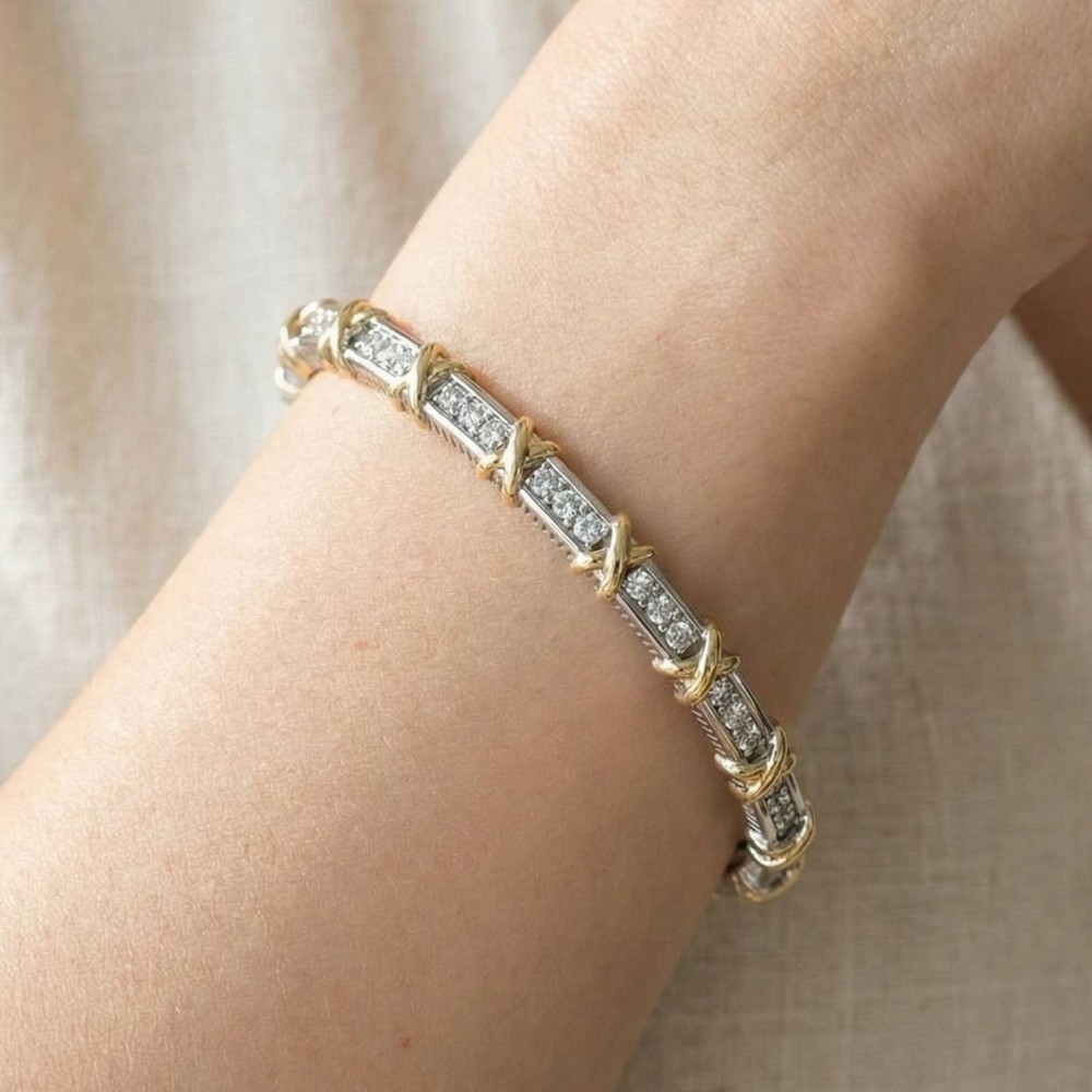 Two-Tone Cz X-Bar Bangle Bracelet