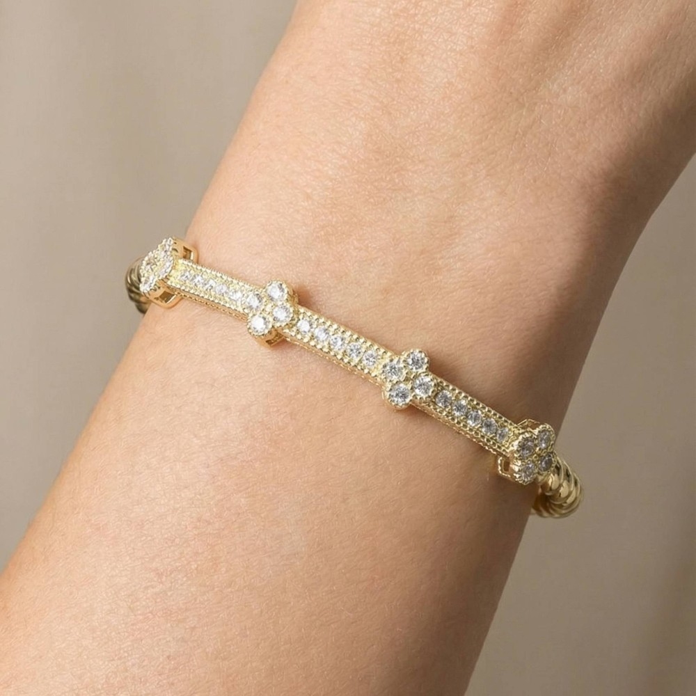 Gold Twisted Rope Cz Flower Station Bangle Bracelet