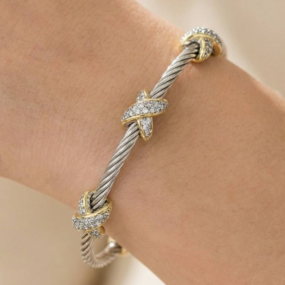 Two-Tone Cable Wire Cz X-Station Bangle Bracelet