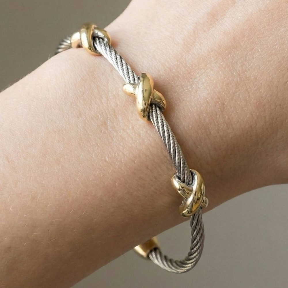 Two-Tone Cable Wire Gold X-Station Bangle Bracelet