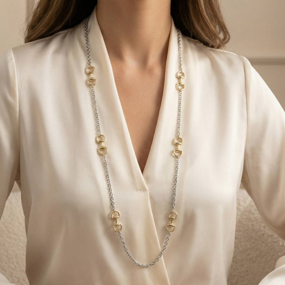 Long Two-Tone Horsebit Station Necklace