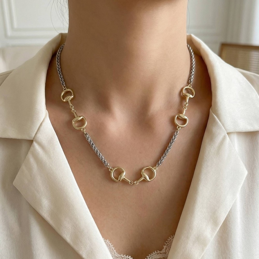 Two-Tone Horsebit Station Wheat Chain Necklace