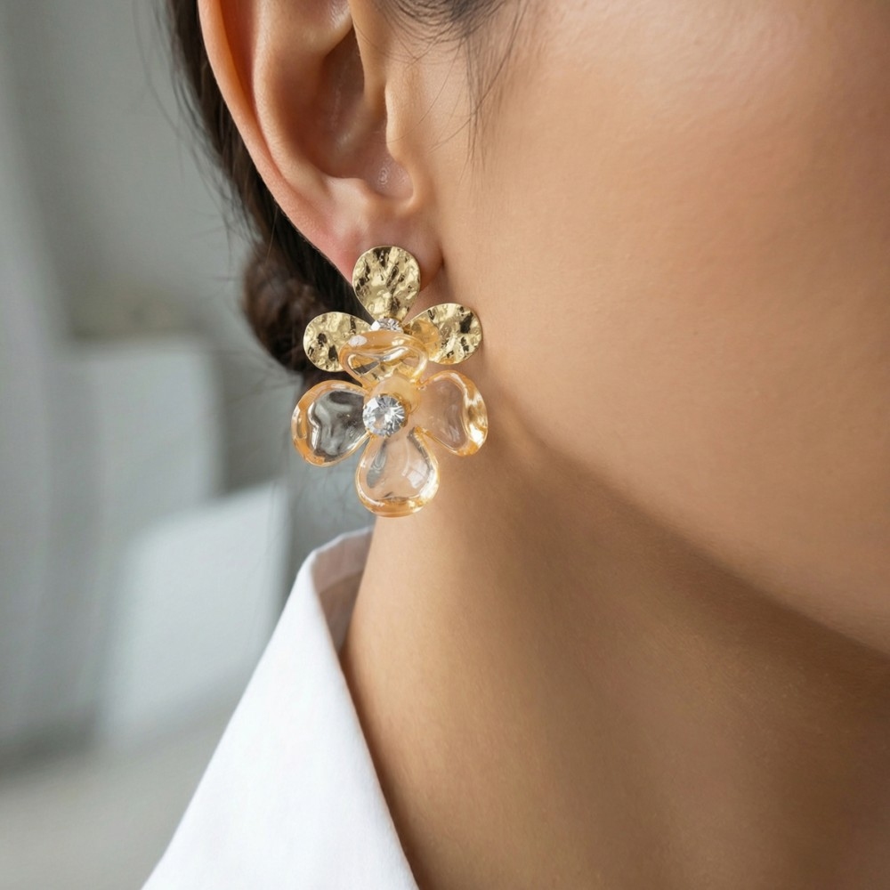 Metallic And Resin Flower Stud Earrings