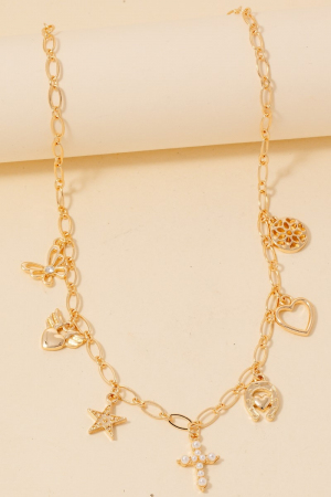 Star Cross And Heart Charms Chain Necklace