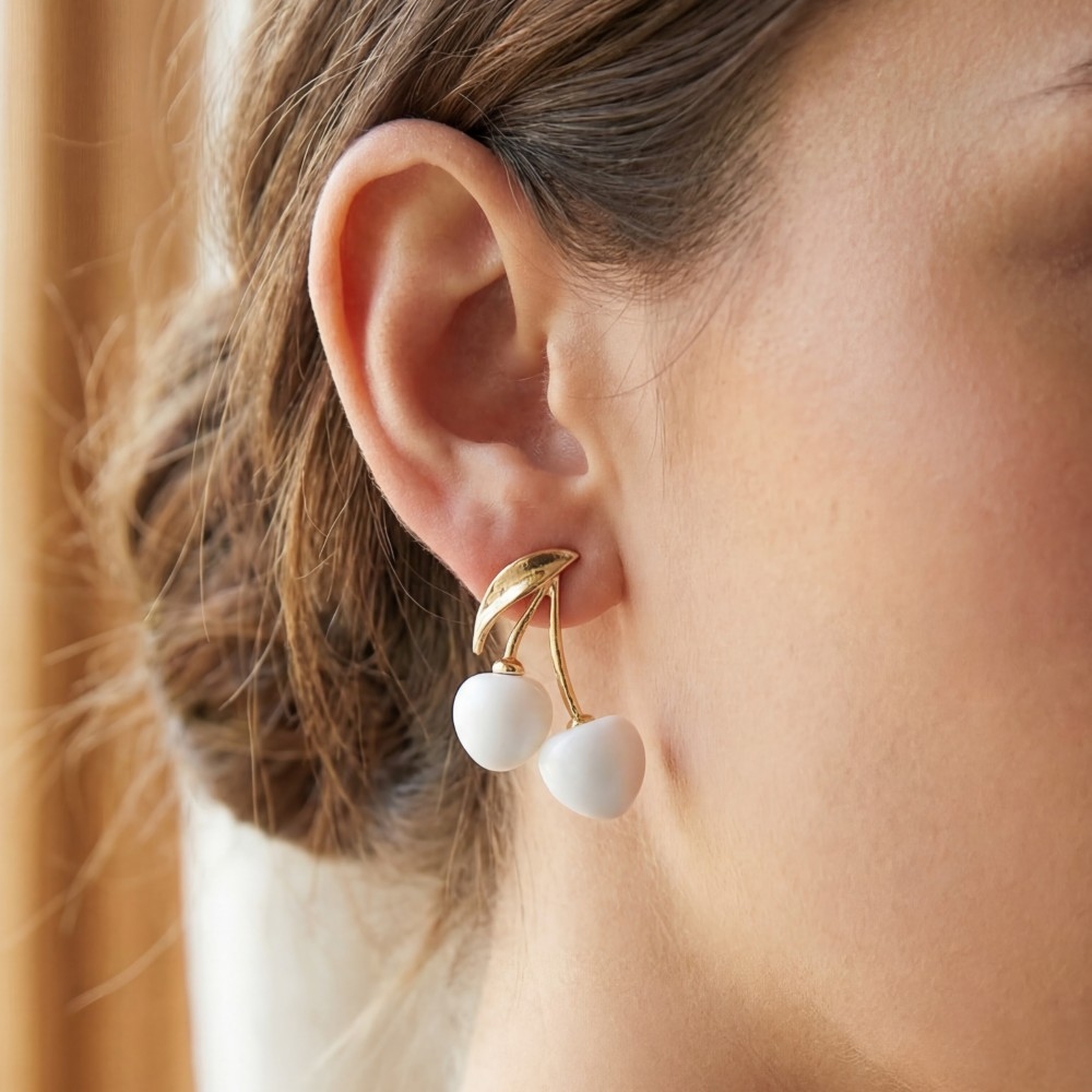 Pearl And Metallic Cherry Stud Drop Earrings