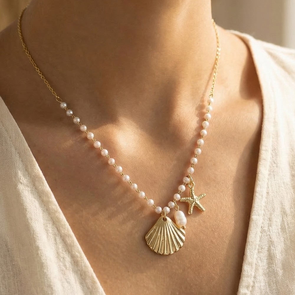 Starfish And Clam Shell Charms Pearl Beaded Necklace