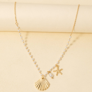 Starfish And Clam Shell Charms Pearl Beaded Necklace