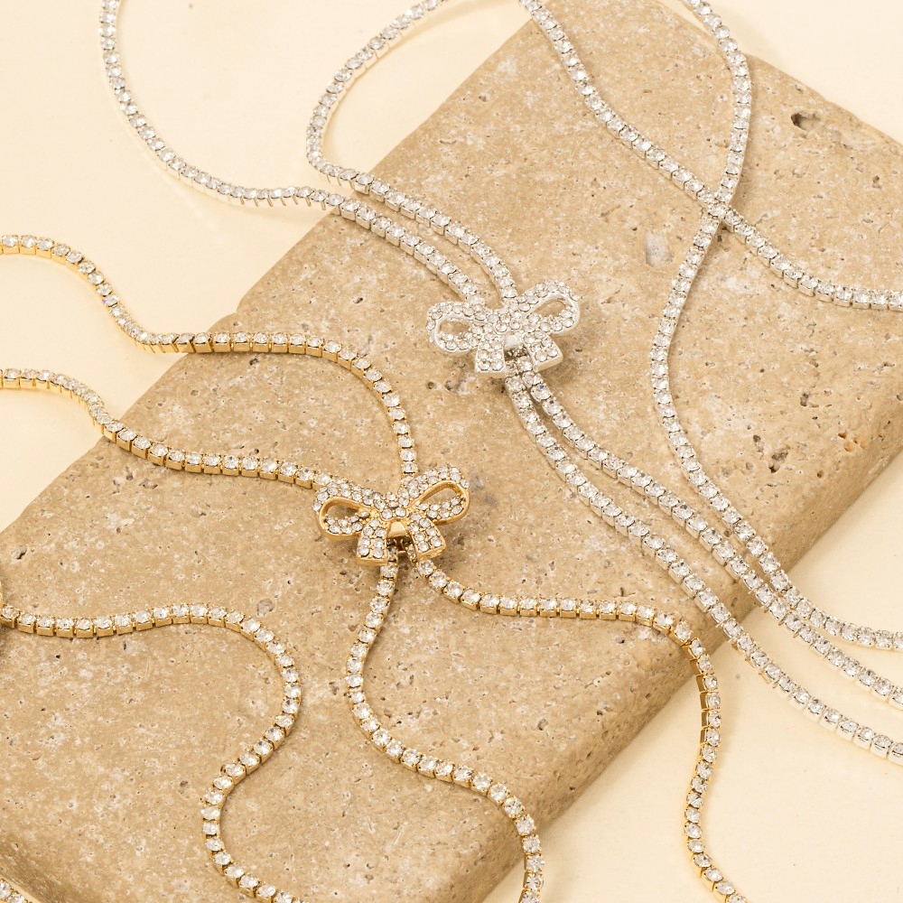 Pave Ribbon Bow Adjustable Slider Pendant Necklace