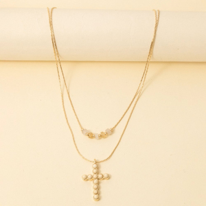 Studded Cross Pendant Layered Necklace