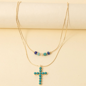 Studded Cross Pendant Layered Necklace