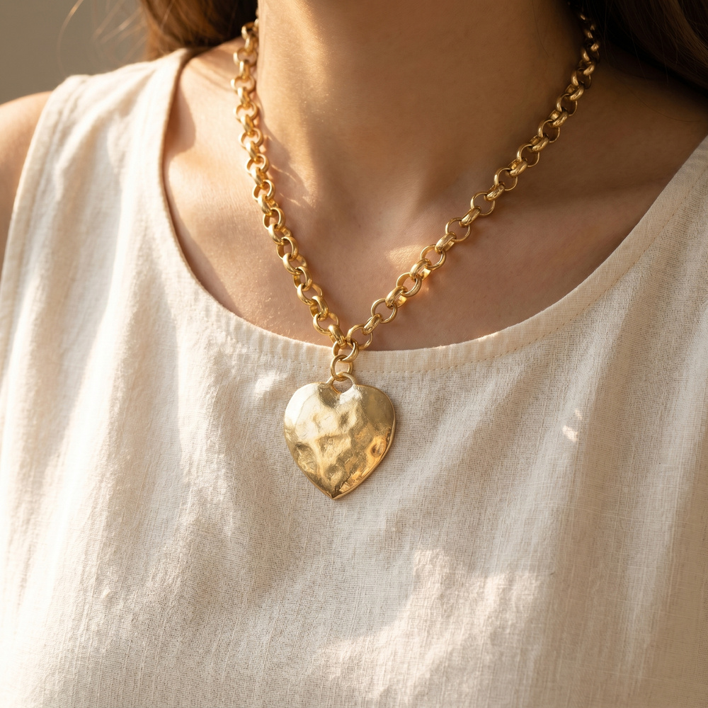 Hammered Heart Pendant Rolo Chain Necklace