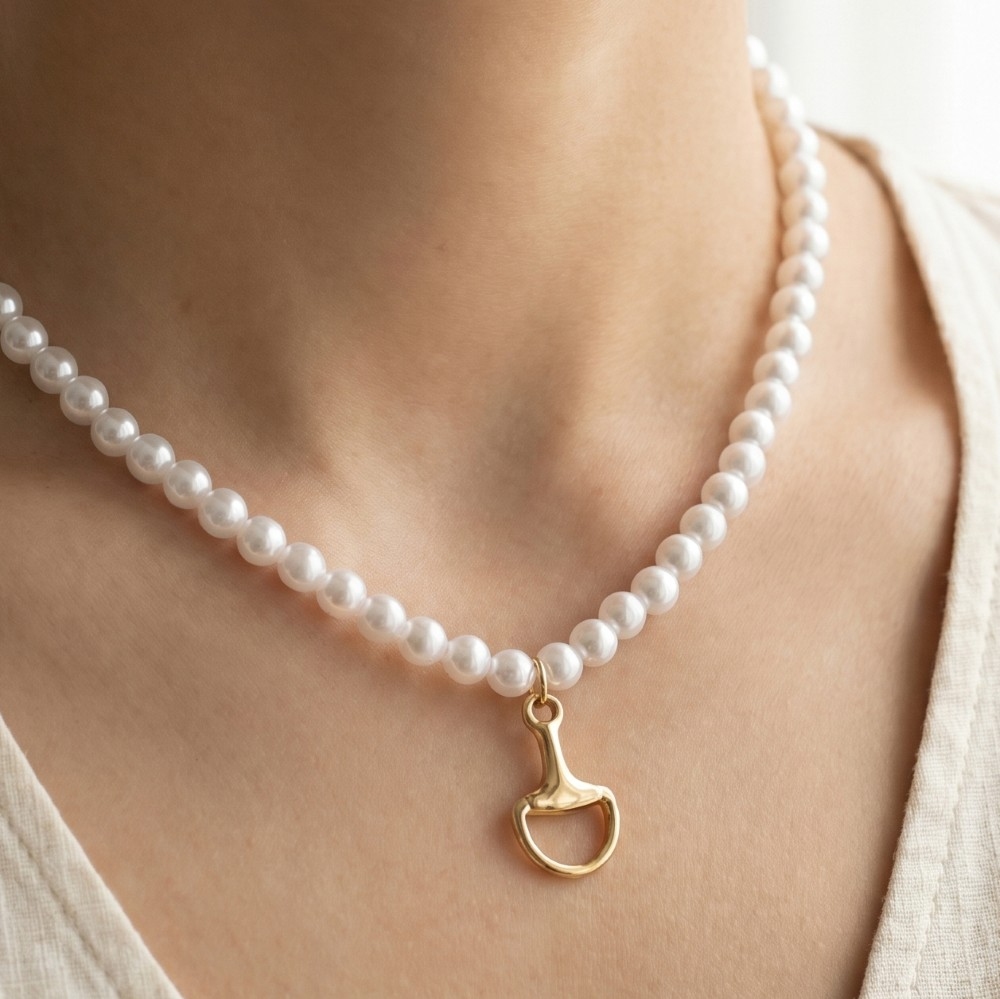 White Beaded Choker With Gold Horsebit Pendant