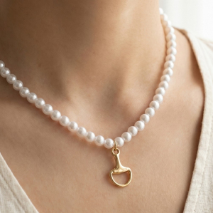 White Beaded Choker With Gold Horsebit Pendant