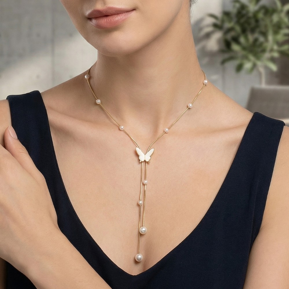 Station Pearl Charms Butterfly Tie Chain Necklace