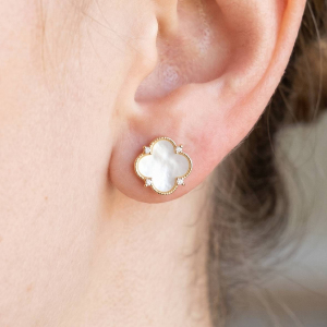 Gold Dipped Cz Clover Mop Stud Earrings