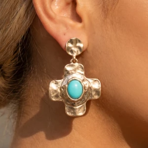 Hammered Cross Drop Earrings With Turquoise Stone