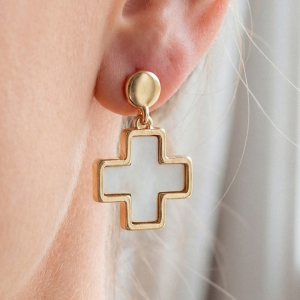 Mother Of Pearl Cross Drop Earrings