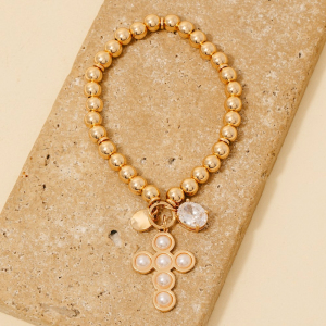 Cross And Rhinestone Gem Charms Metallic Beaded Bracelet