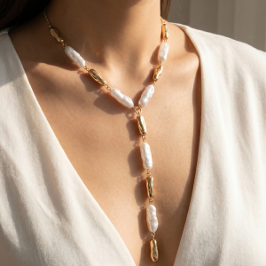 Pearlescent Bead And Gold Y Lariat Necklace