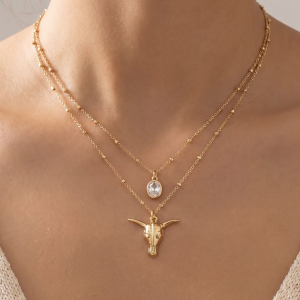 Western Bull Skull & Cz Layered Satellite Chain Necklace