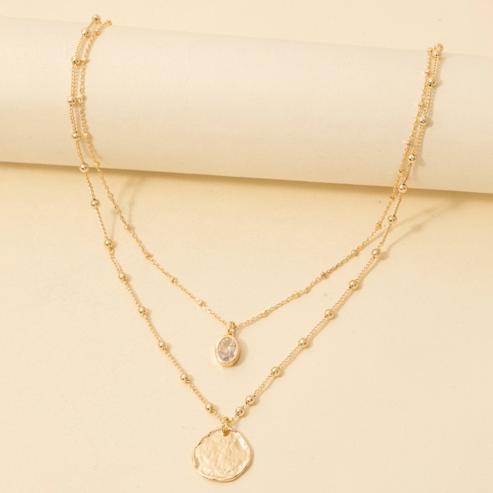 Coin And Oval Cz Charm Layered Chain Necklace