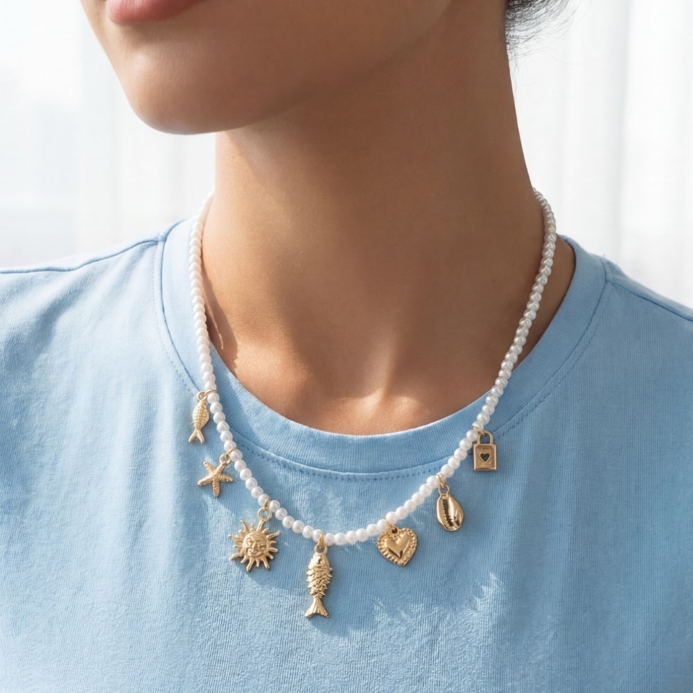 Metallic Sea Life Charms Pearl Beaded Necklace