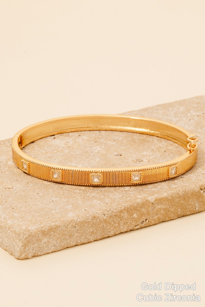 Gold Dipped Square Cz Studded Hinge Bangle Bracelet
