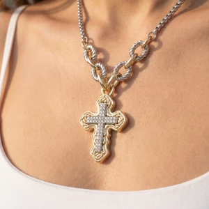 Two Tone Cross Pendant Necklace With Cz Pave