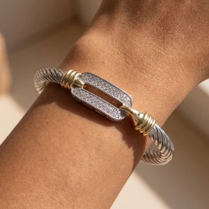 Two Tone Cable Cuff Bracelet With Pave Cz Bar